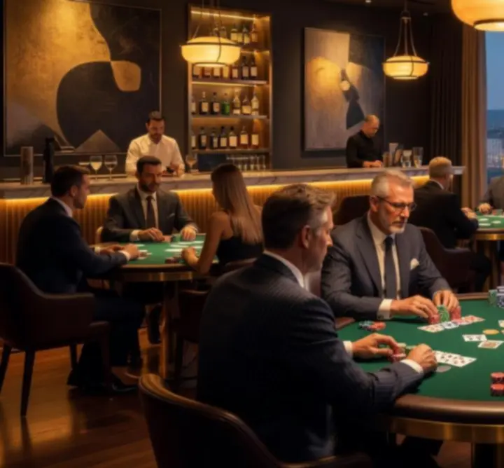 Póker lounge Budapesten játékosokkal és neonfénnyel